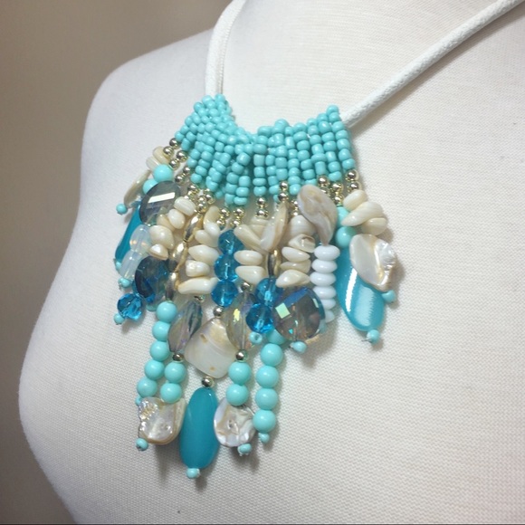 Aqua Blue Bead Shell Dramatic Necklace Earring Set - Picture 2 of 3